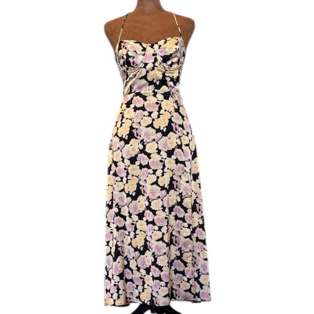 ASTR The Label Gala Floral Bustier Midi Dress NWT XS Lace Up Open Back Glam $129